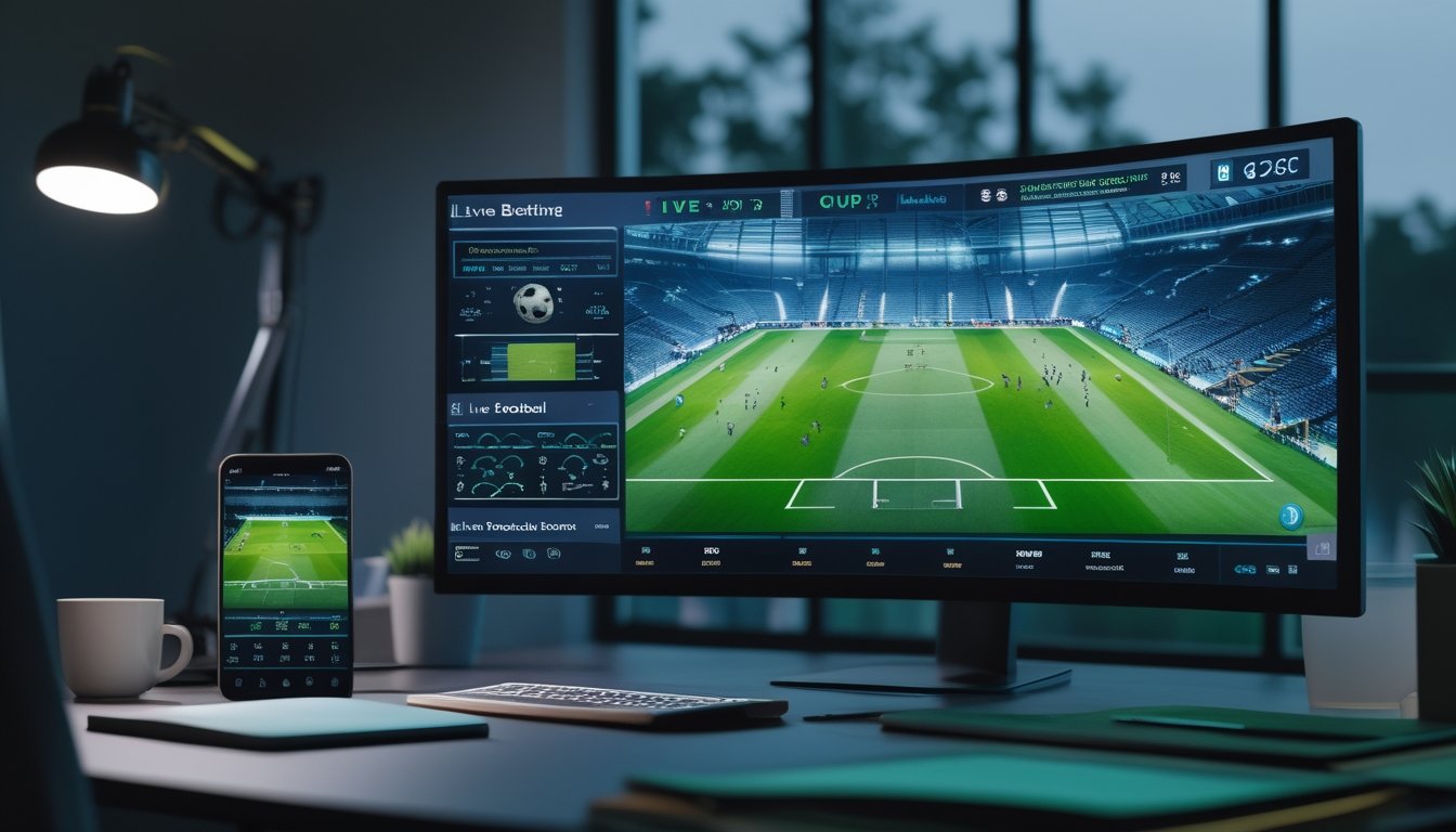 Seseorang memantau siaran langsung pertandingan sepak bola melalui komputer dan ponsel di ruang kerja modern.