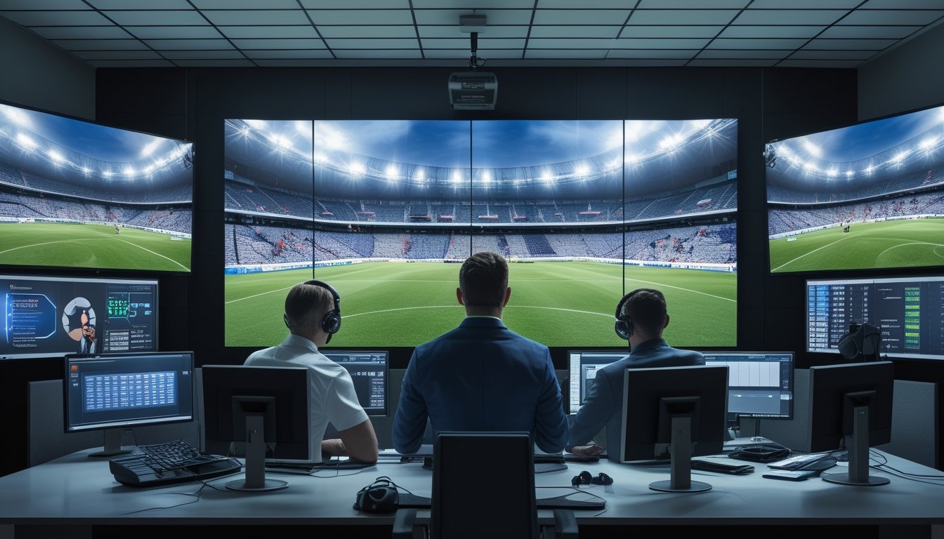 Tim analis memantau siaran langsung pertandingan sepak bola dari ruang kontrol dengan beberapa layar dan peralatan penyiaran.