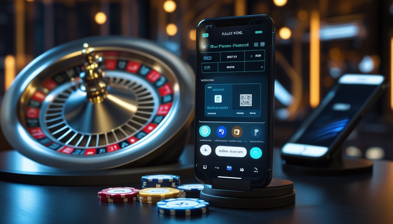 Roda roulette berada di samping ponsel dengan tampilan pembayaran digital dan kode QR.