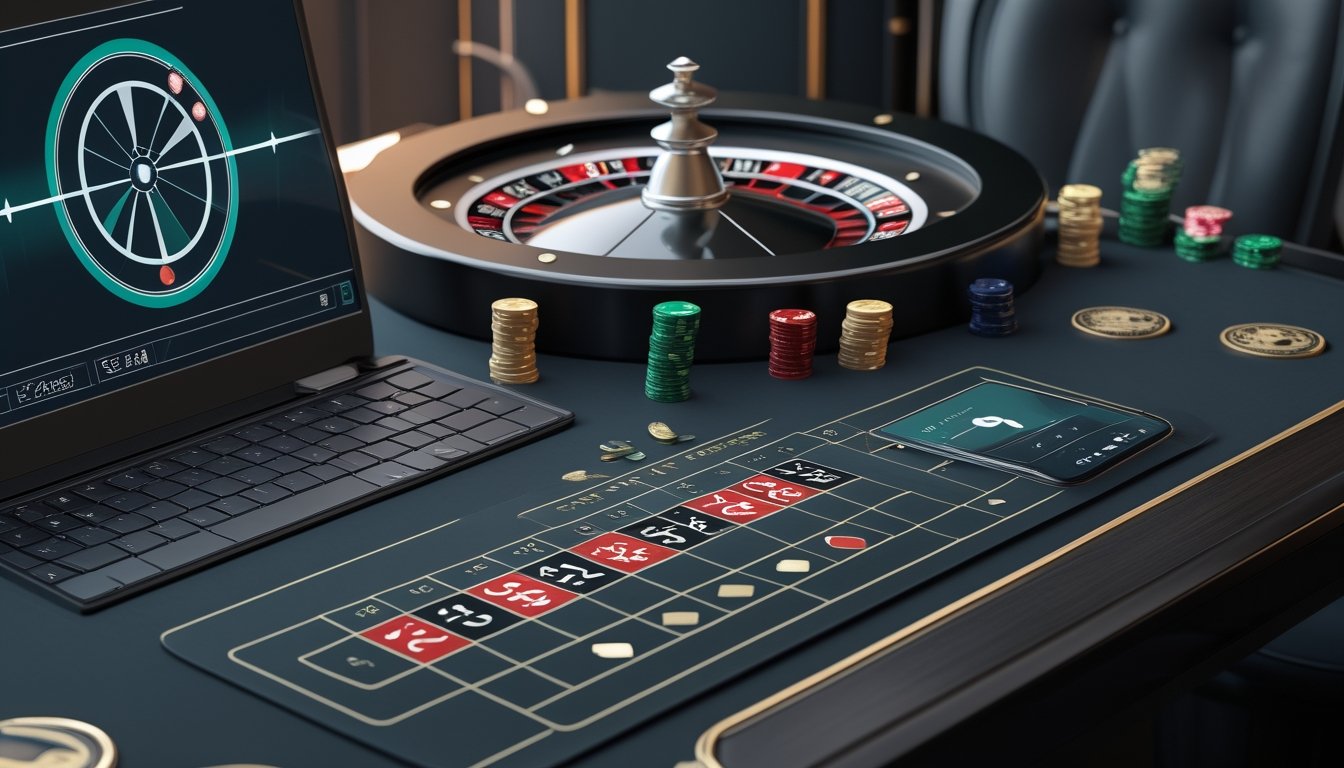 Meja roulette modern dengan roda roulette, keping taruhan, laptop, dan ponsel yang menampilkan antarmuka pembayaran digital abstrak.