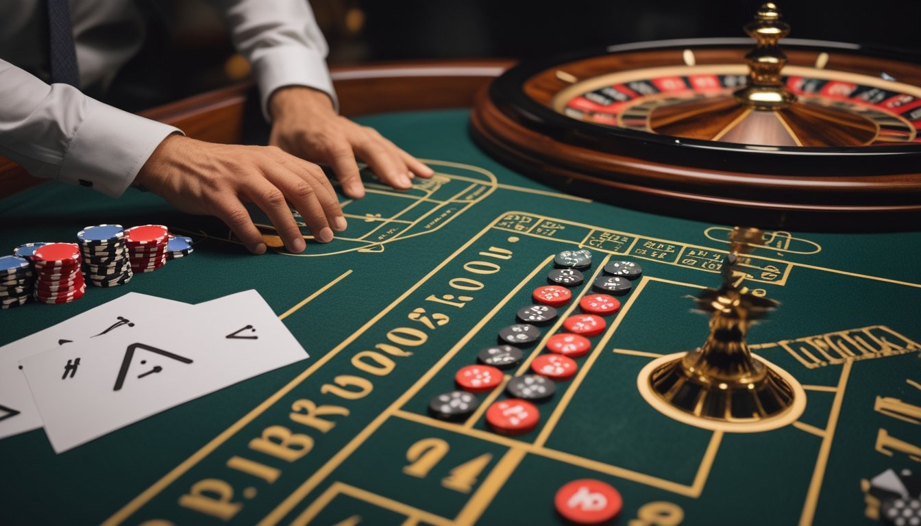 Meja roulette dengan roda roulette, keping taruhan berwarna, dan tangan yang mengamati susunan taruhan.