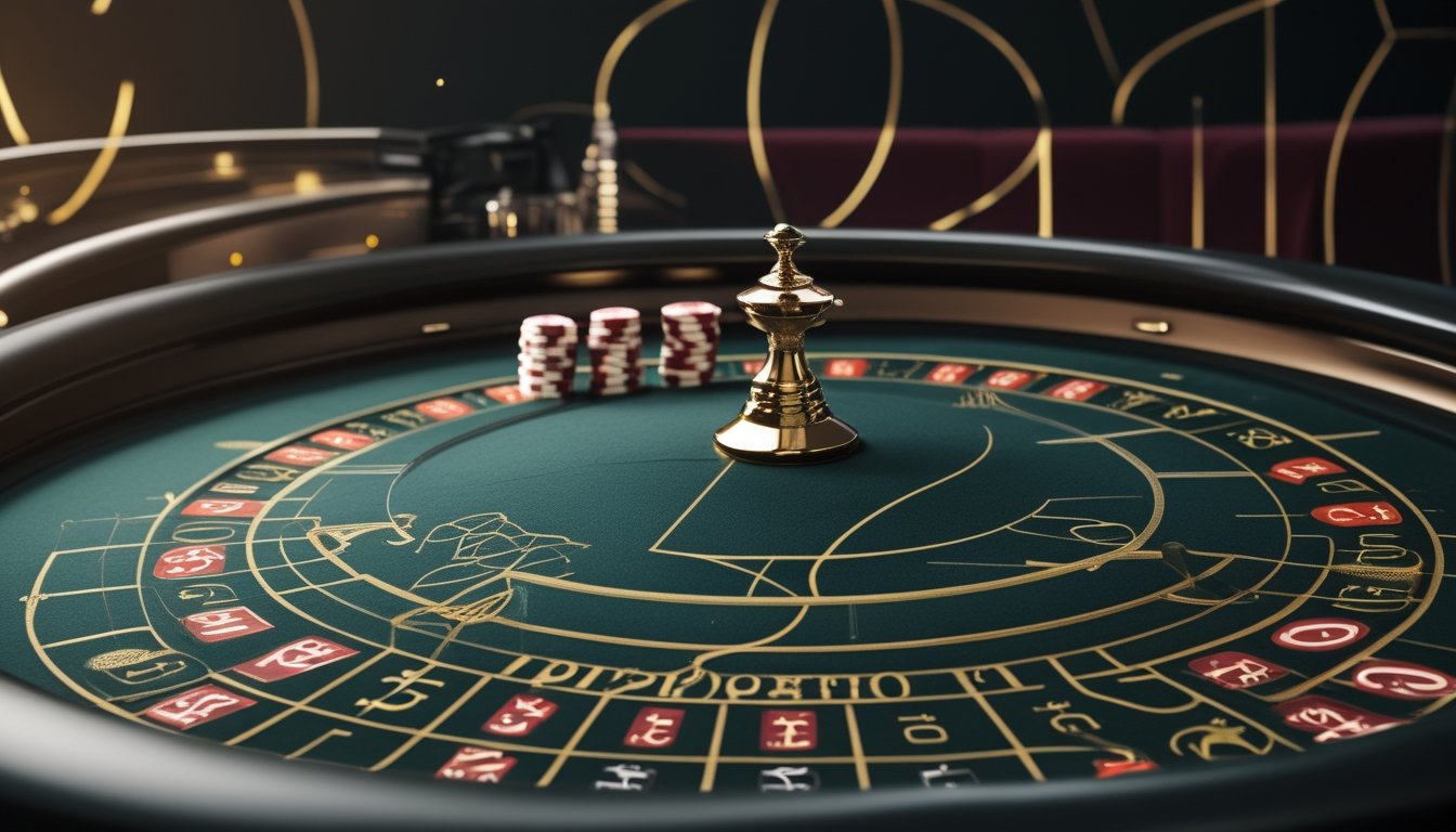 Roda roulette, keping taruhan, dan pola geometris yang menggambarkan deret Fibonacci di atas meja kasino.