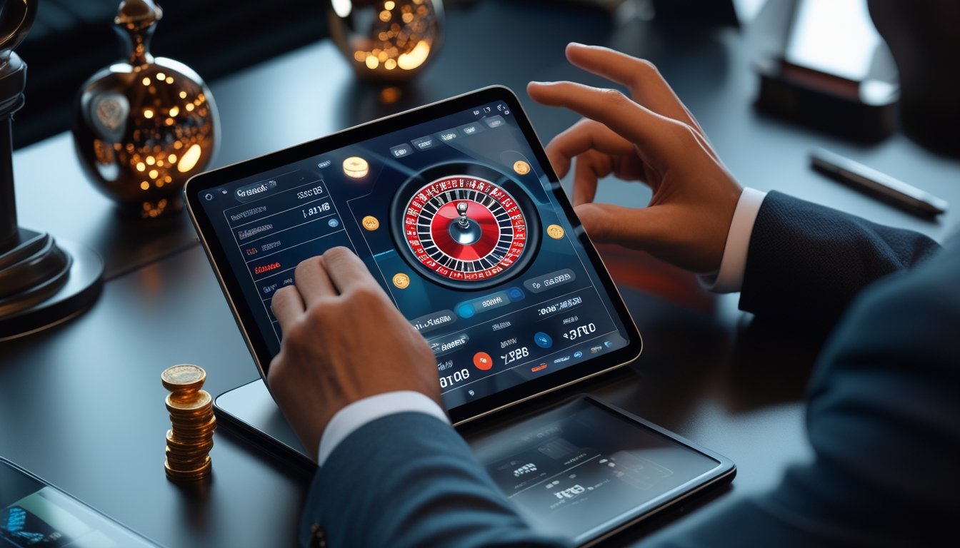 Seseorang menggunakan perangkat digital yang menampilkan antarmuka aplikasi roulette modern dengan analitik dan fitur taruhan.