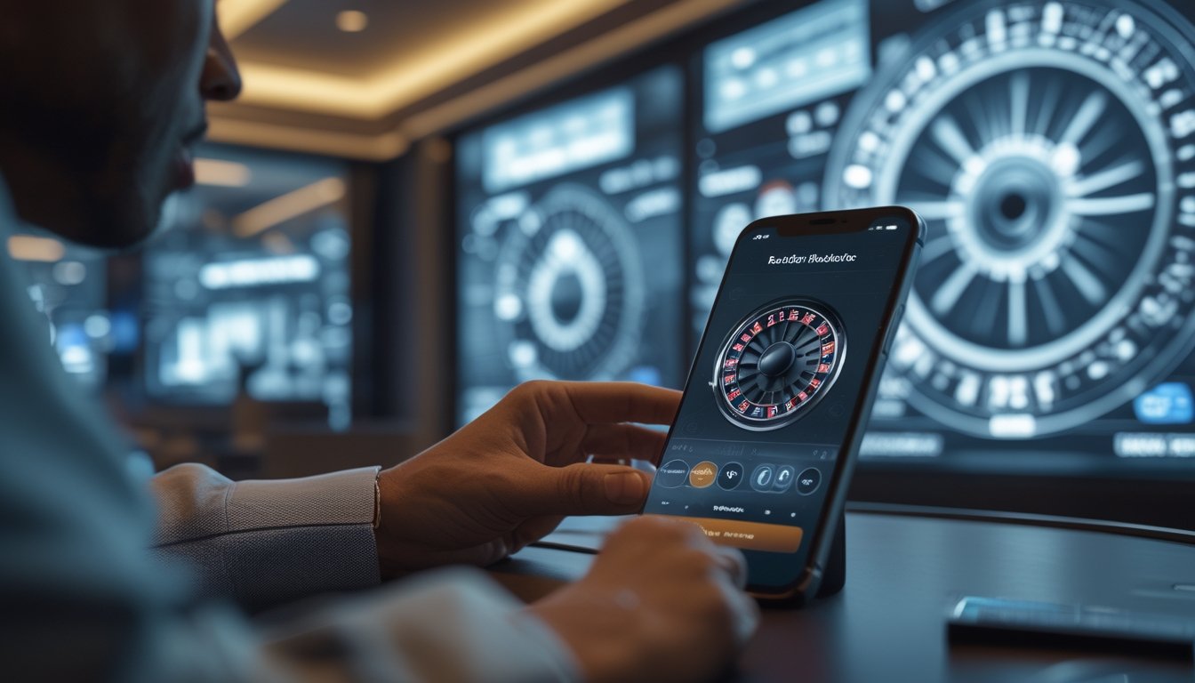 Seseorang menggunakan aplikasi roulette modern pada ponsel di ruang hiburan futuristis.
