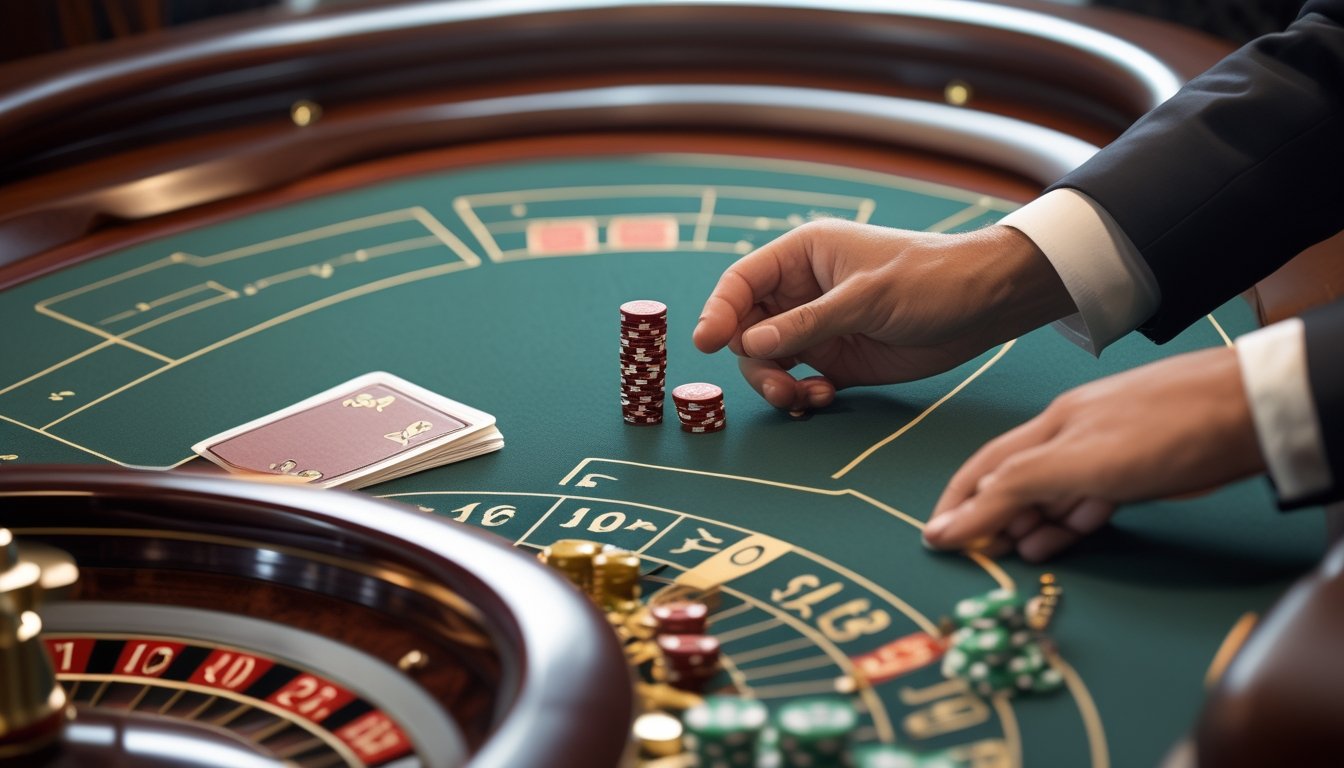 Tangan pemain menempatkan taruhan kecil di meja roulette dengan kalkulator dan tumpukan chip sederhana di sampingnya.