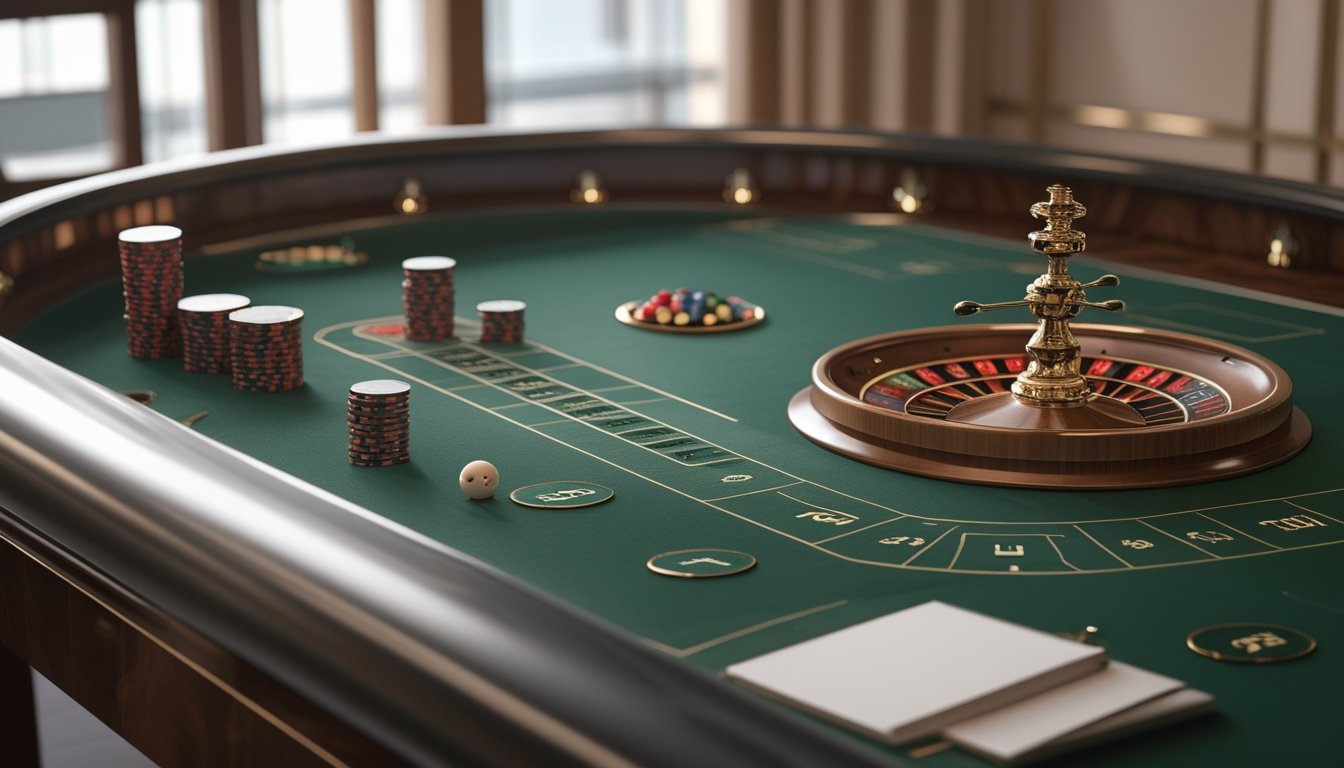 Roda roulette Eropa dengan keping taruhan tersusun di atas meja kasino hijau.