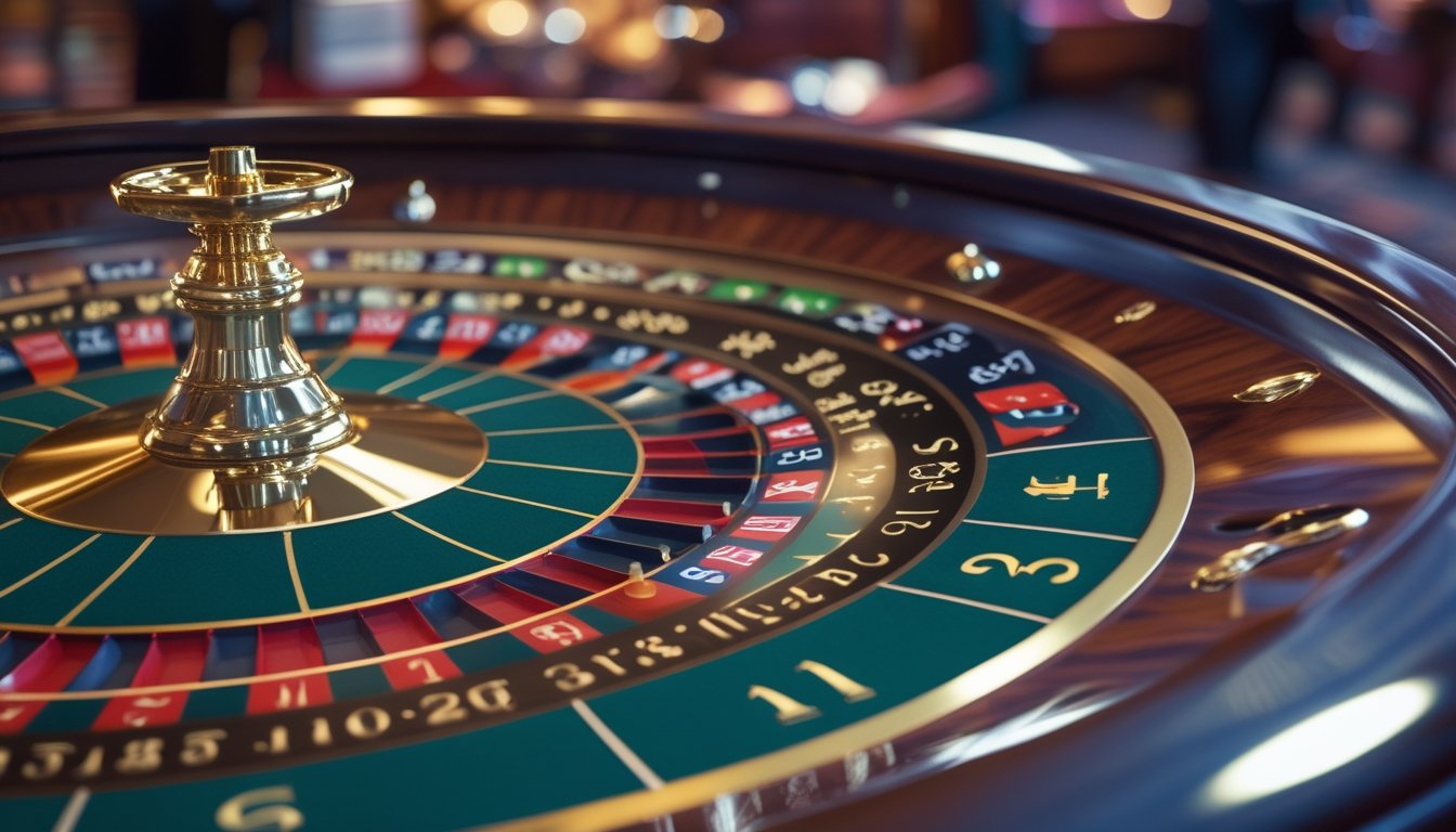 Meja dan roda roulette dengan bola serta keping taruhan di suasana kasino.