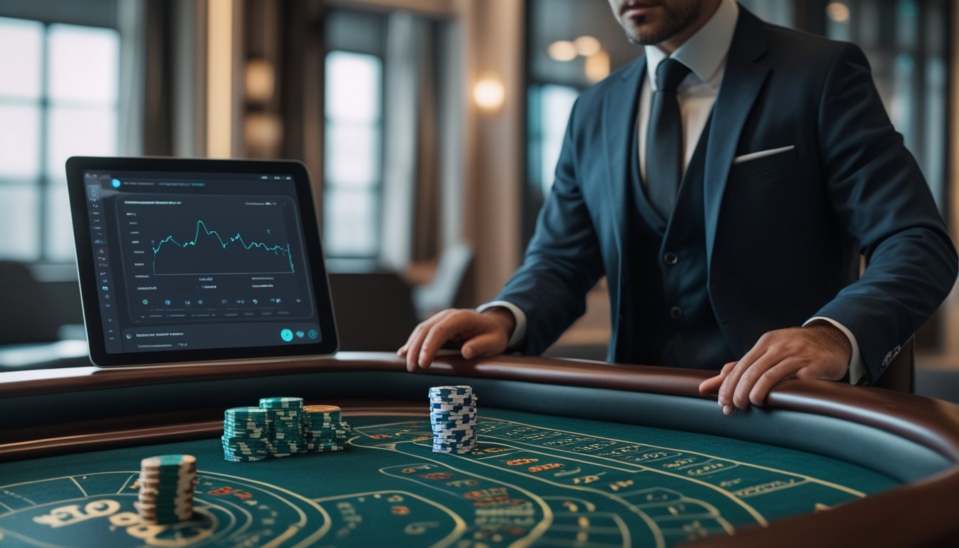 Seorang profesional berbicara dengan bandar roulette di meja permainan dalam lingkungan modern dan elegan.