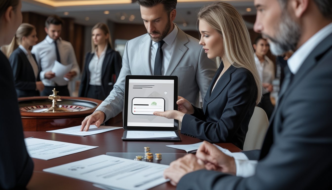 Para profesional meninjau dokumen perlindungan pemain di lingkungan agen roulette resmi.