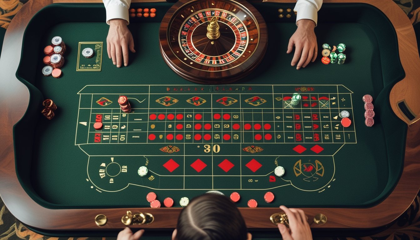 Seseorang mengamati meja dan roda roulette dengan keping taruhan sebelum bermain.