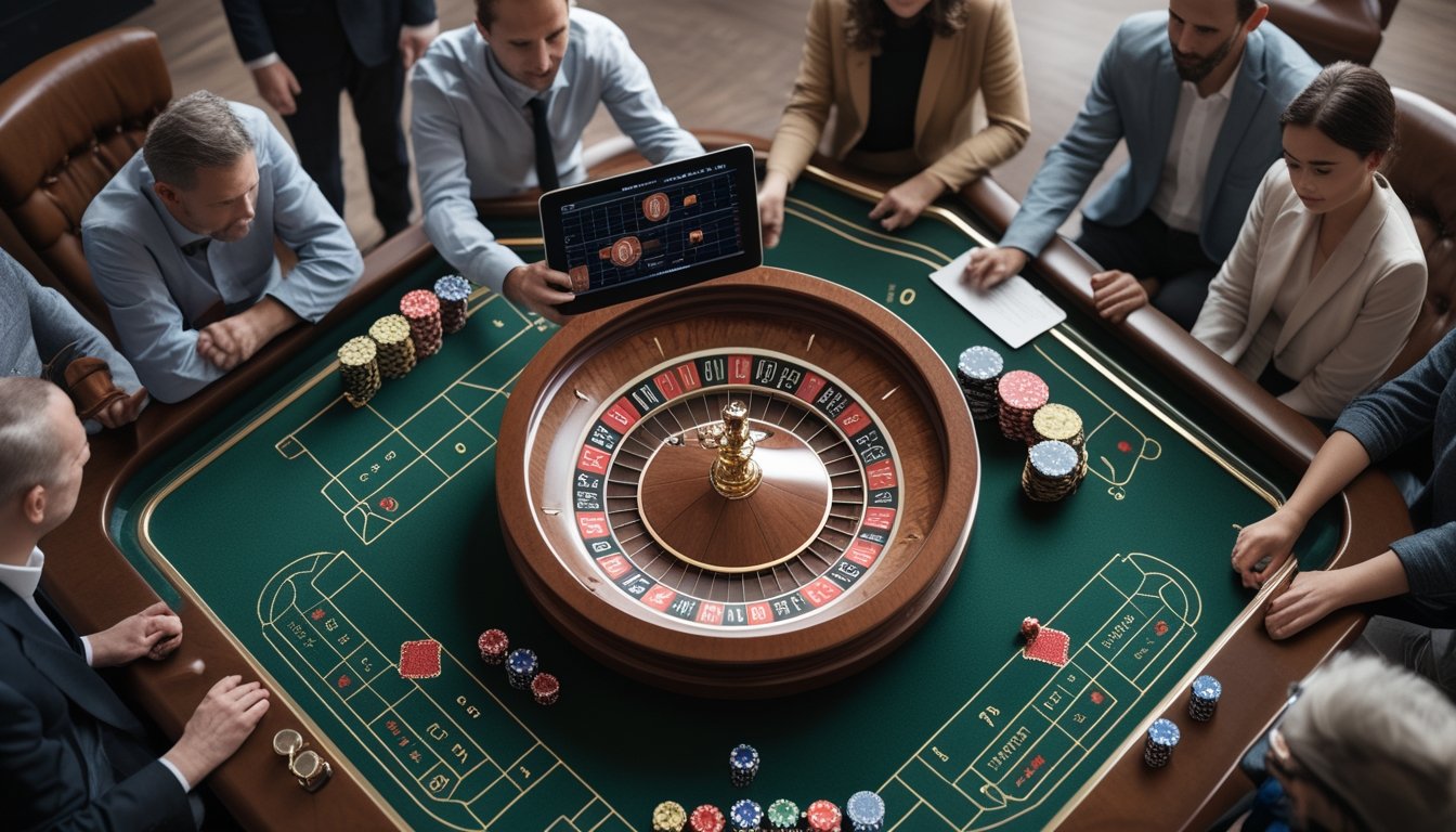 Pemain dan analis mengamati meja roulette dengan roda, chip, serta grafik statistik abstrak pada perangkat.