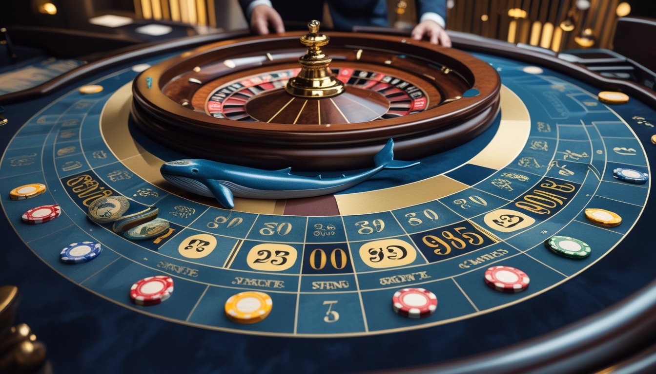 Meja roulette mewah dengan roda roulette, keping taruhan, dan dekorasi berbentuk paus.