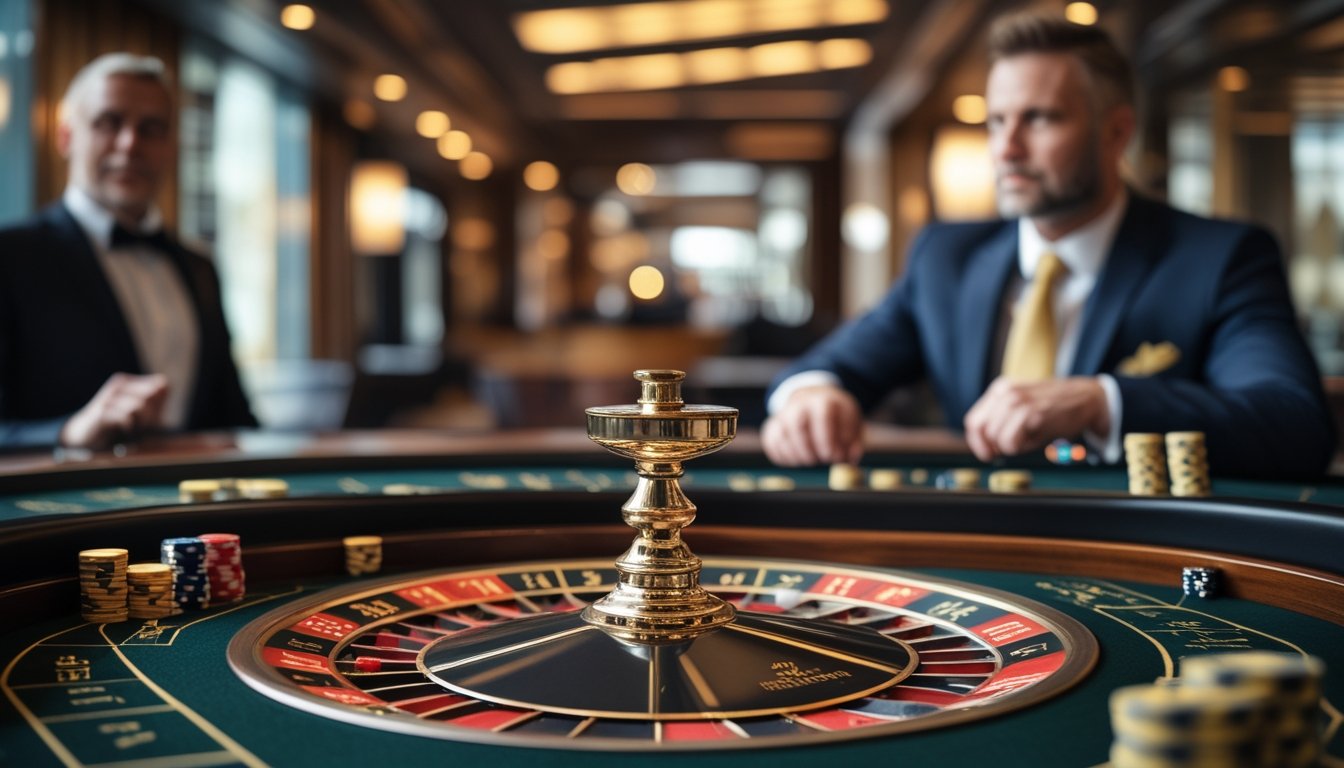 Pemain mengamati roda roulette dan taruhan sampingan di meja kasino.