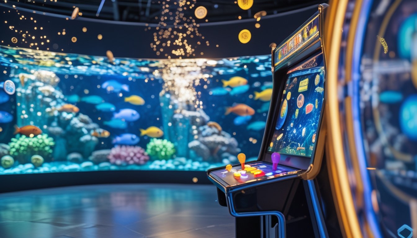 Mesin permainan tembak ikan dengan layar akuarium digital berisi ikan tropis dan karang berwarna-warni di ruang permainan modern.