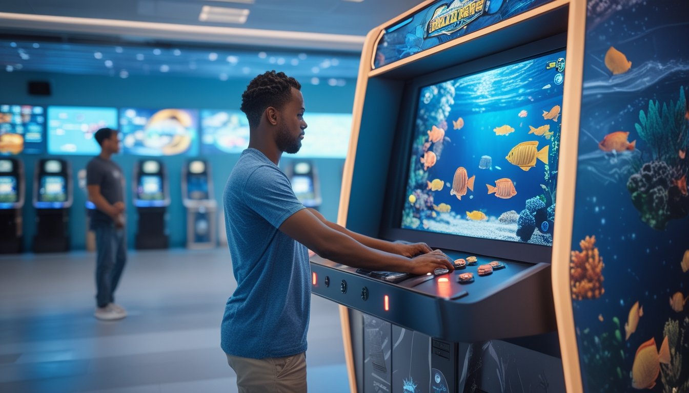 Seorang pemain menilai permainan tembak ikan di mesin arcade bertema bawah laut dalam ruang permainan yang modern.