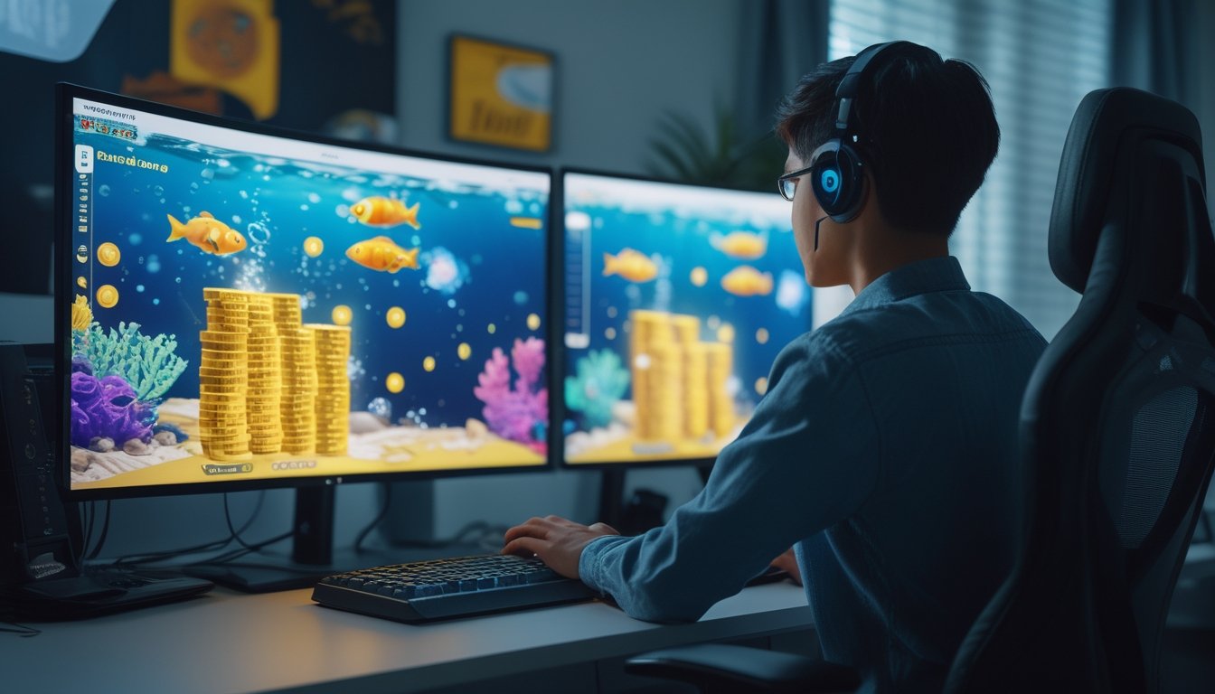 Pemain mempelajari permainan tembak ikan online di depan komputer dengan tampilan bawah laut yang penuh ikan dan koin virtual.