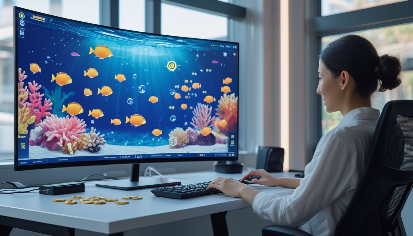 Pemain dewasa memainkan permainan ikan berwarna-warni di layar komputer dalam ruang kerja modern.