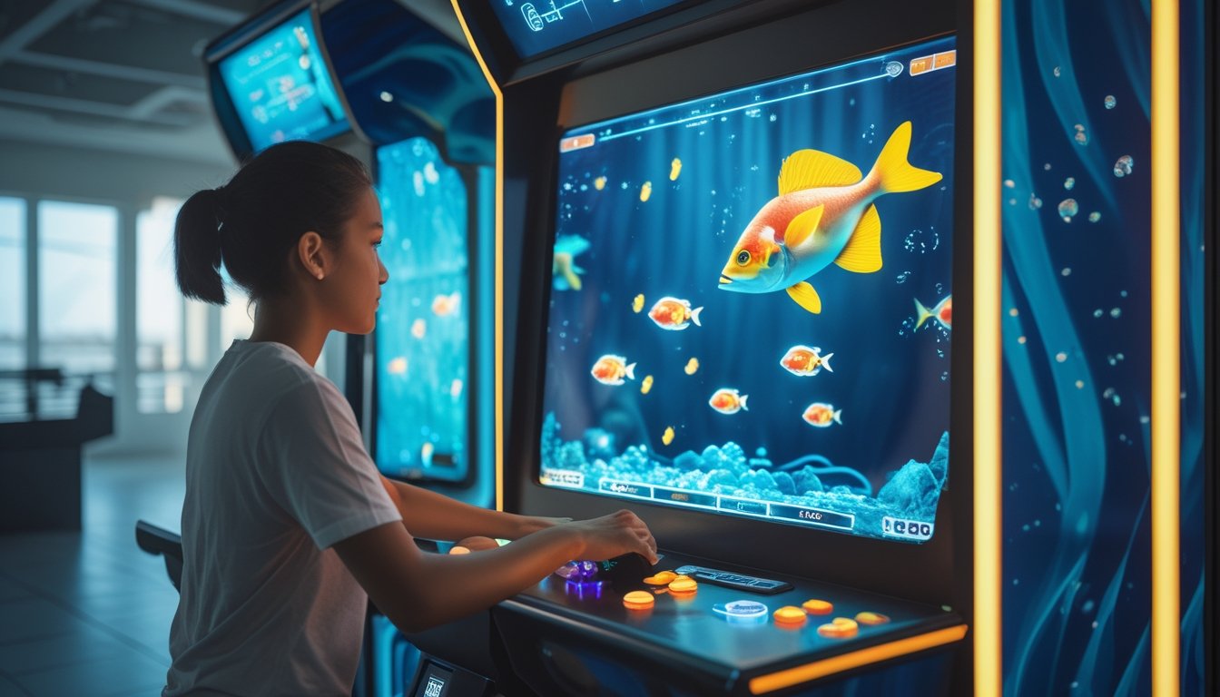 Seseorang memainkan permainan arcade bertema bawah laut dengan layar berisi ikan berwarna-warni.