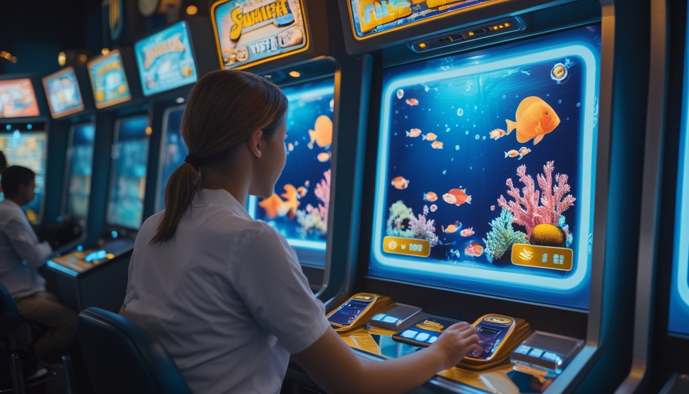 Seorang pemain mengoperasikan permainan tembak ikan di sebuah arena arkade dengan tampilan ikan dan terumbu karang di layar.