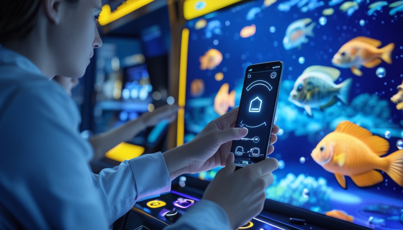 Orang dewasa bermain gim tembak ikan di ruang hiburan modern dengan layar bawah laut dan ponsel pembayaran digital.