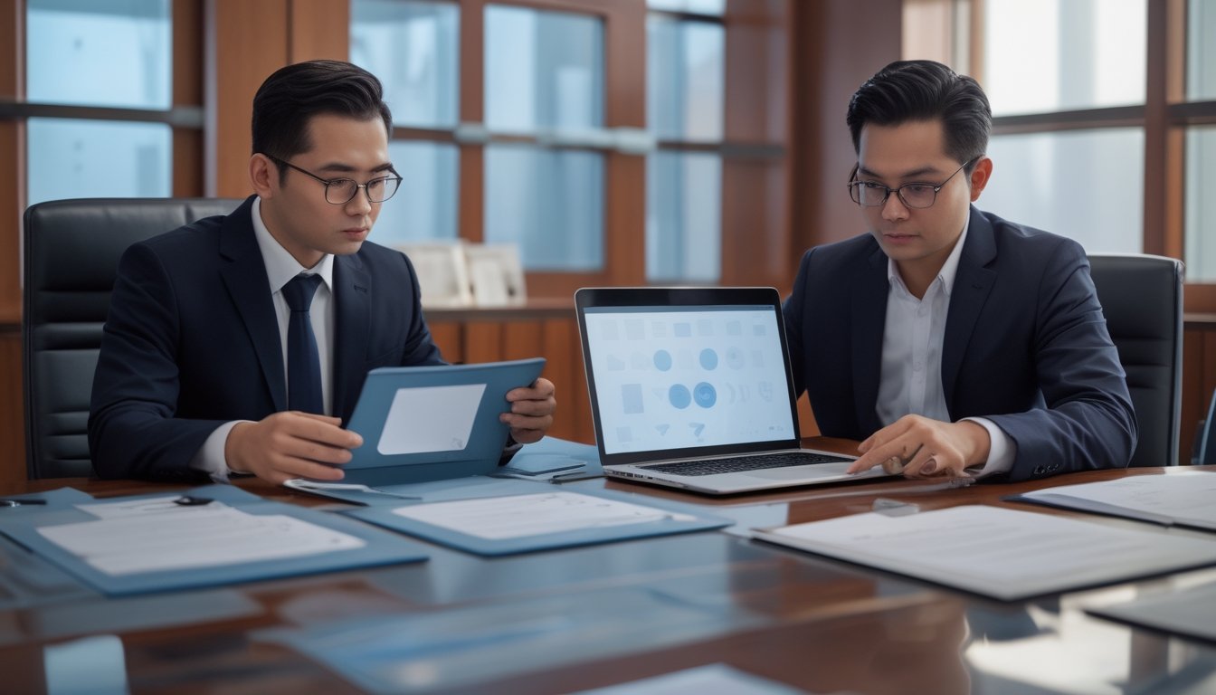 Profesional Indonesia meninjau dokumen regulasi digital di meja kerja dengan laptop dan ponsel.