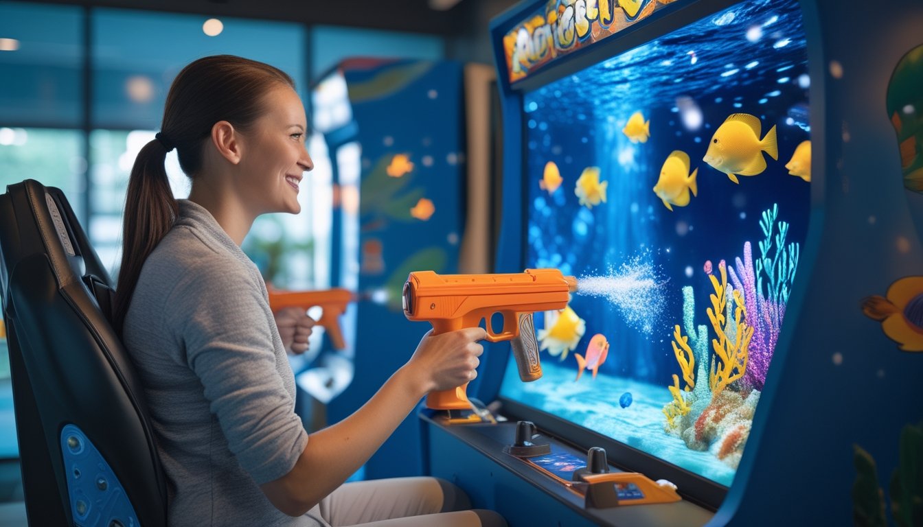 Seorang pemula memainkan permainan tembak ikan di mesin arcade dengan latar bawah laut berisi ikan tropis.