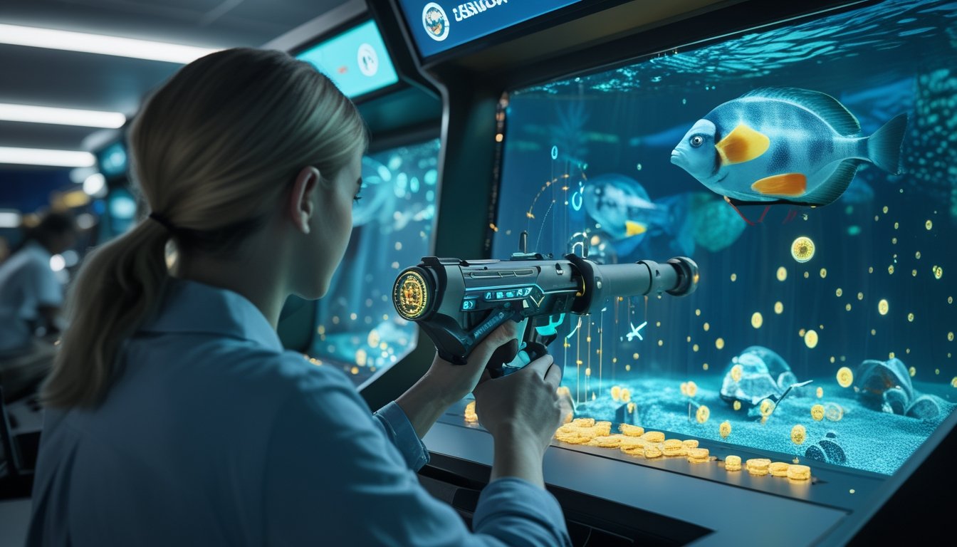 Pemain mengatur amunisi dengan hati-hati saat membidik ikan pada permainan tembak ikan di mesin arcade.