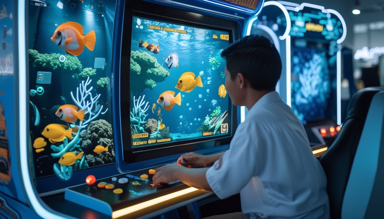 Seorang pemain menggunakan mesin permainan arcade bertema dunia bawah laut dengan ikan tropis dan terumbu karang.