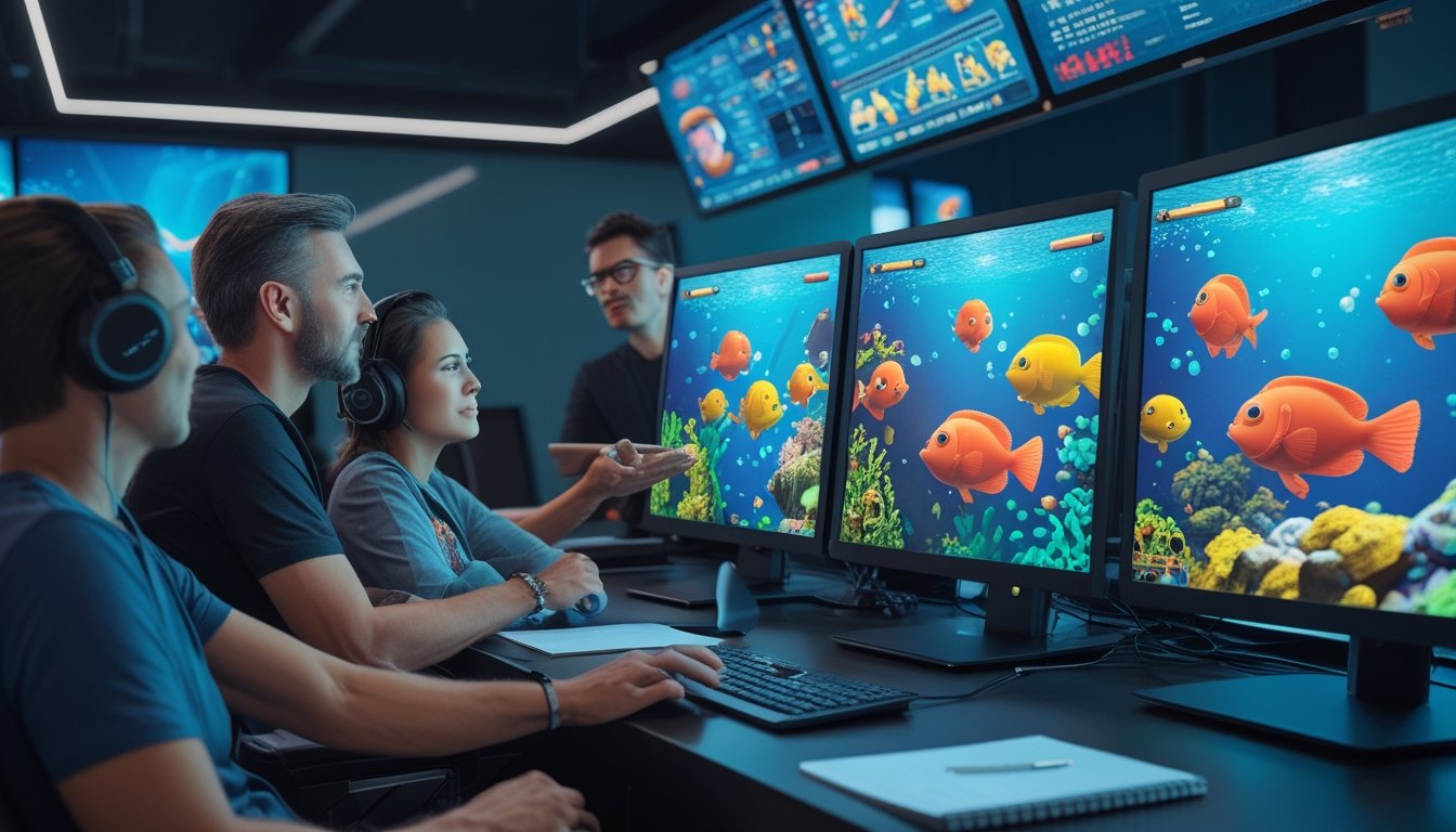 Sekelompok orang menilai permainan tembak ikan pada beberapa monitor di ruang hiburan modern.