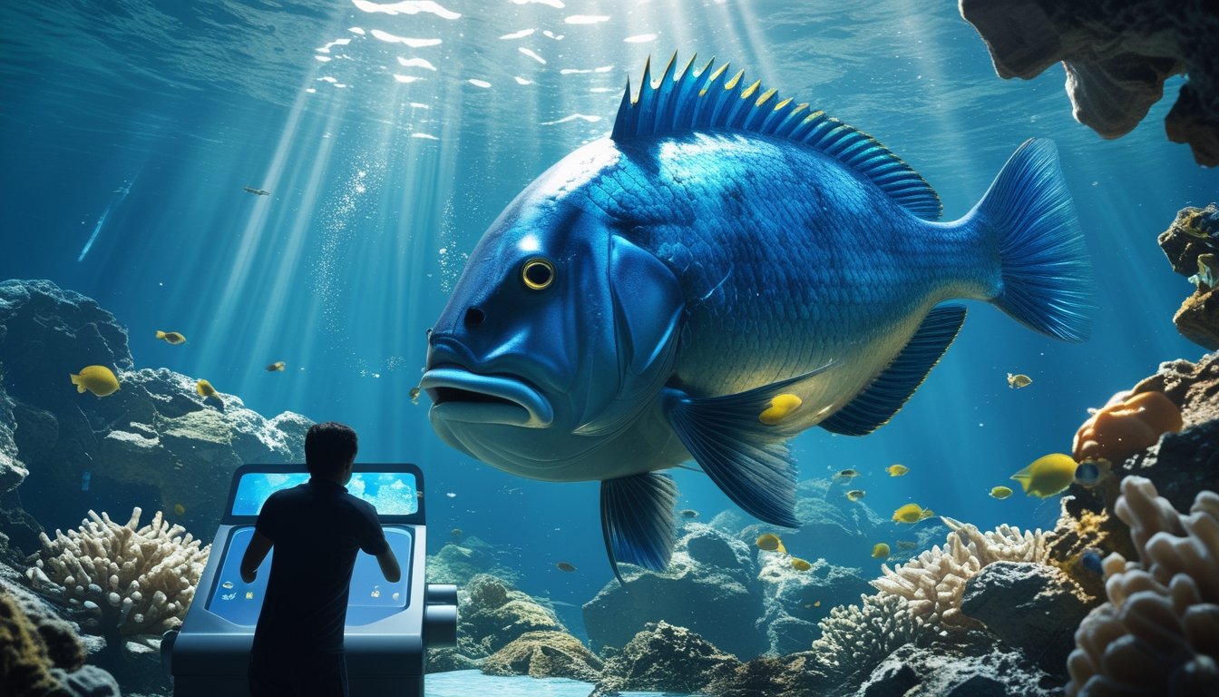 Adegan bawah laut dengan ikan besar bercahaya sebagai pusat perhatian dan meriam permainan di bagian depan.