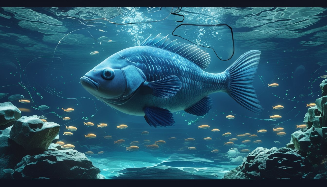 Ikan boss besar berenang di antara kawanan ikan kecil dalam suasana bawah laut yang dinamis.
