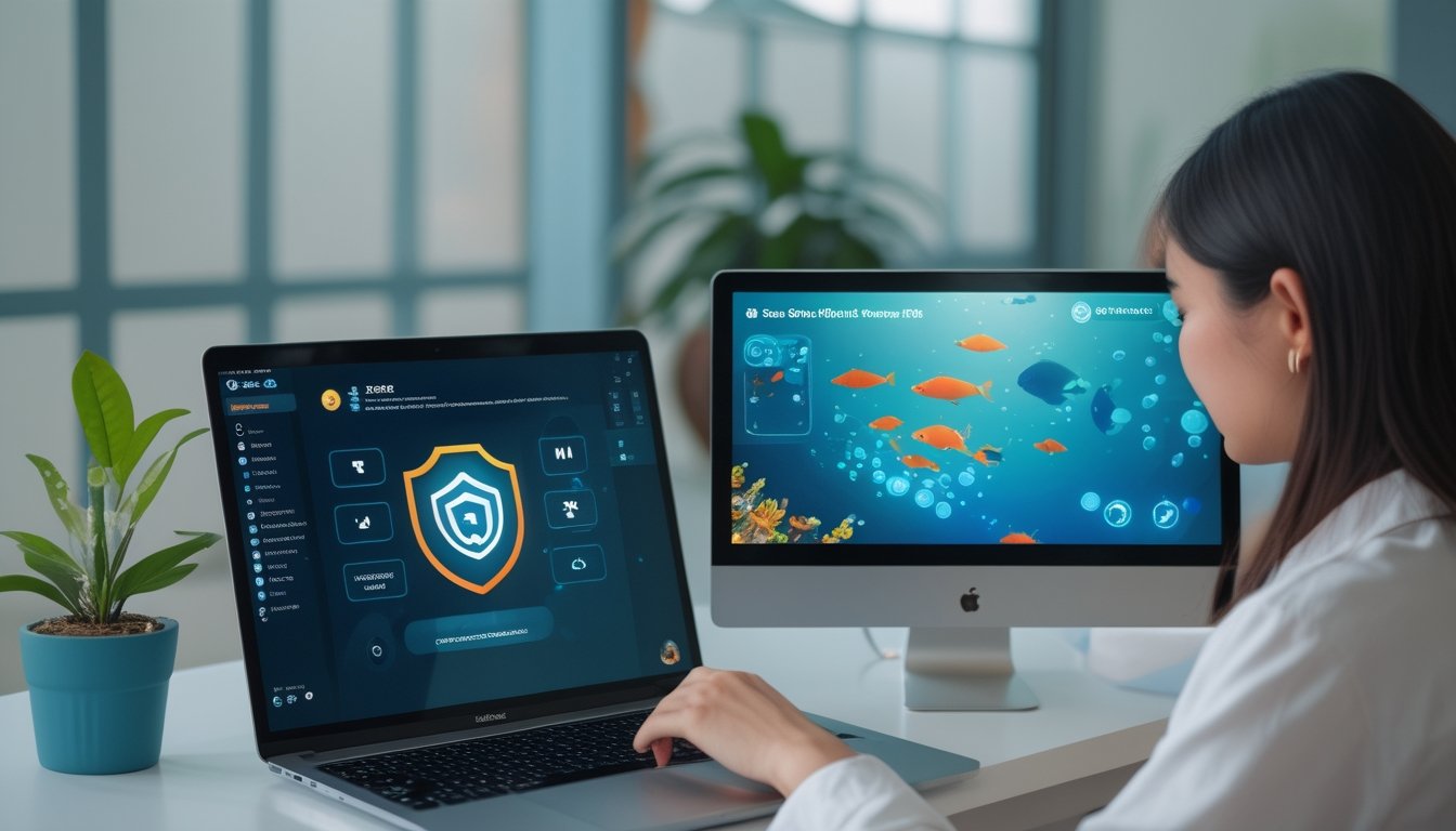 Seseorang menggunakan laptop dan ponsel untuk mengakses permainan memancing digital dengan simbol keamanan.