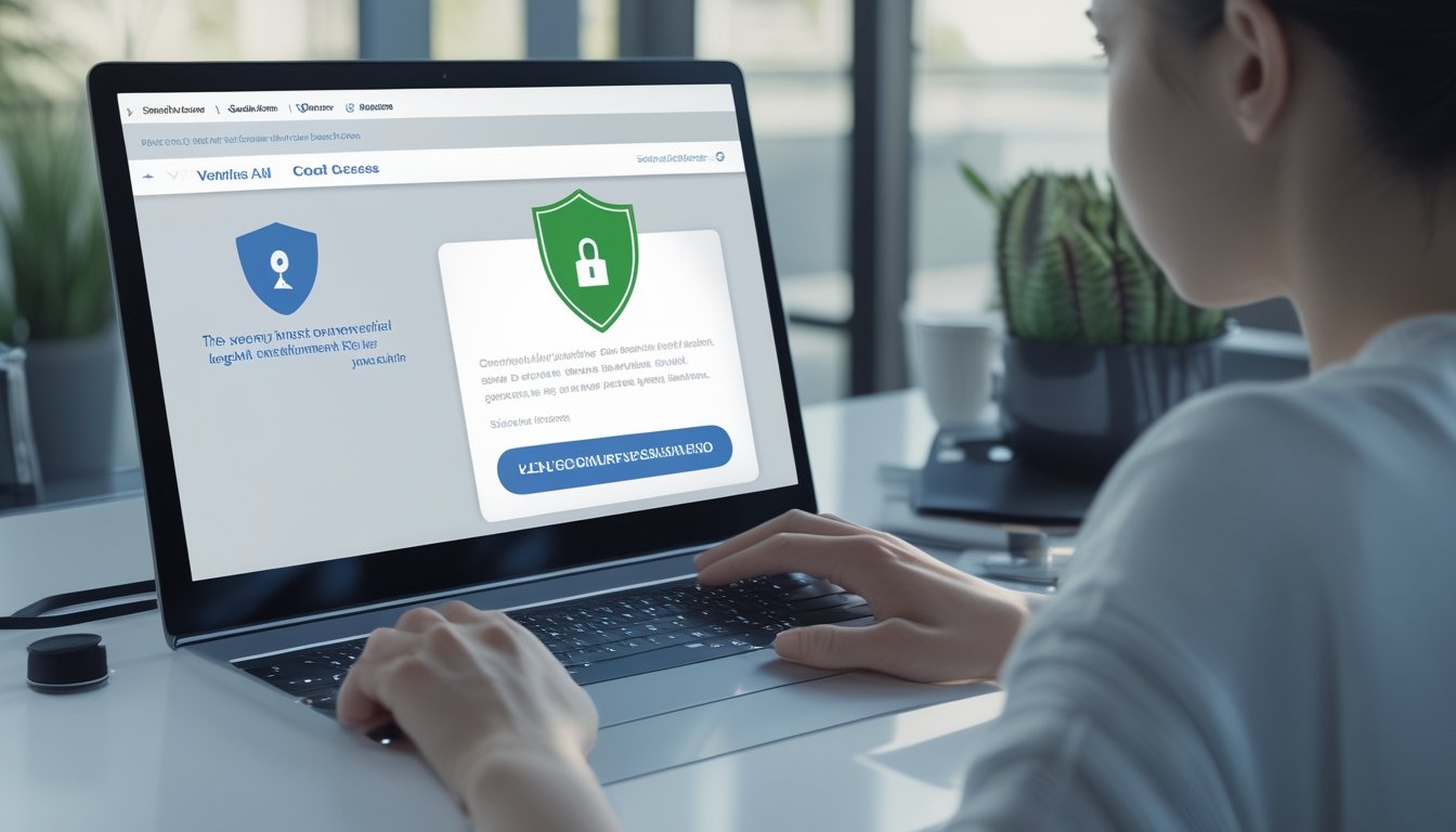 Pengguna memeriksa situs pada laptop dengan ikon perisai dan gembok sebagai tanda akses resmi dan aman.