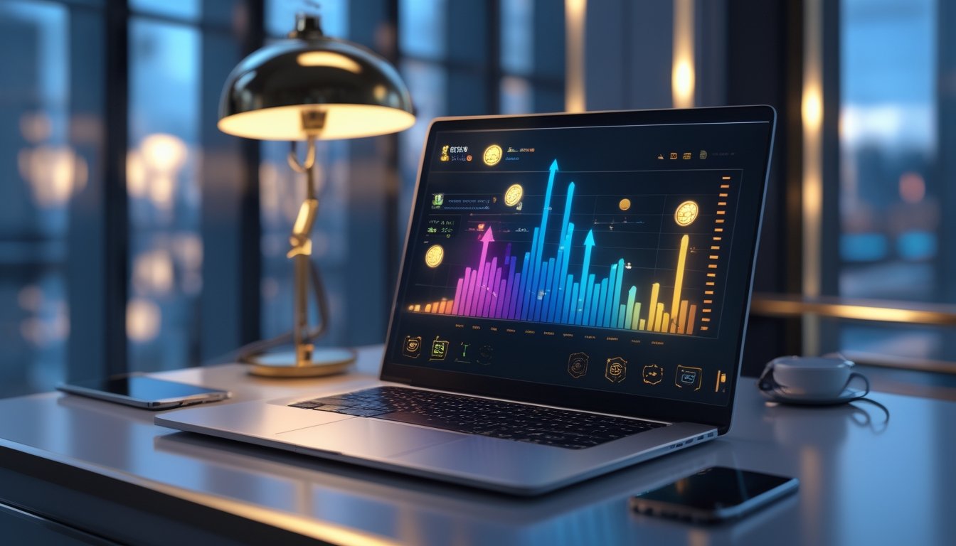 Laptop dan ponsel menampilkan grafik kinerja abstrak di atas meja kerja modern dengan pencahayaan biru dan emas.
