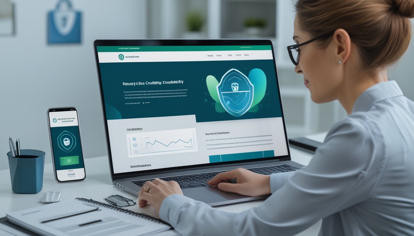Seorang profesional memeriksa keamanan dan kredibilitas platform digital melalui laptop dan ponsel di ruang kerja modern.