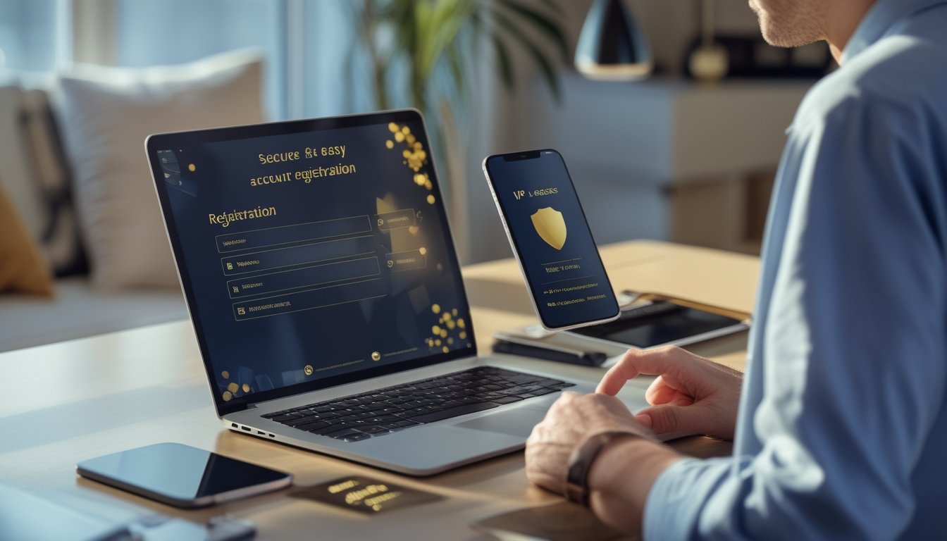 Orang dewasa menggunakan laptop dan ponsel untuk mendaftar ke platform digital premium di ruang kerja modern.