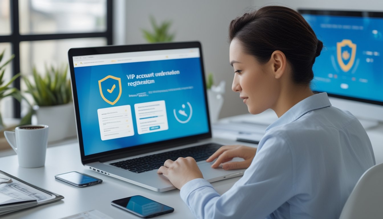 Seseorang meninjau dasbor akun digital dan dokumen ketentuan platform di meja kerja.