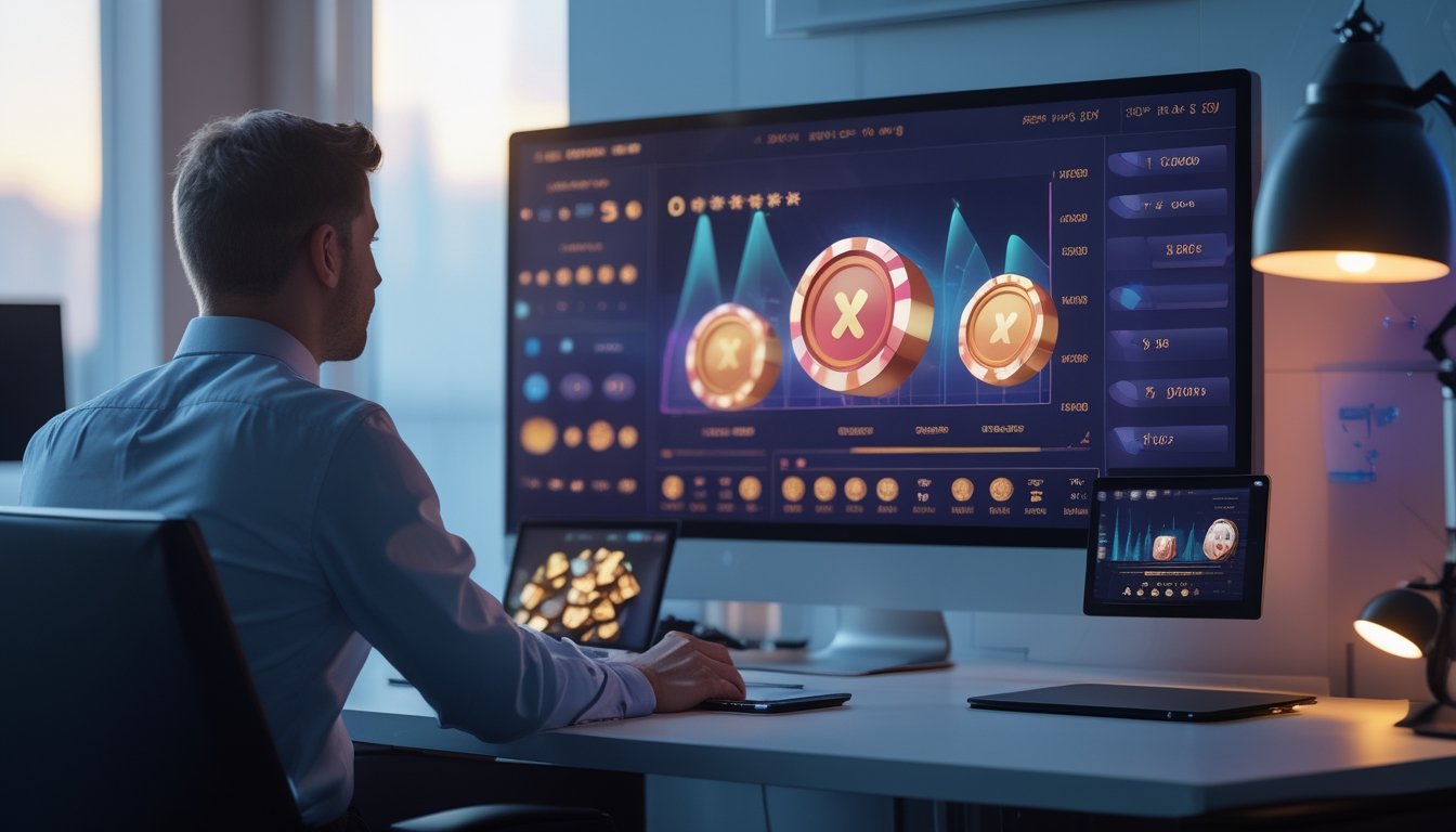 Seseorang memantau grafik permainan slot digital pada beberapa perangkat di ruang kerja modern.
