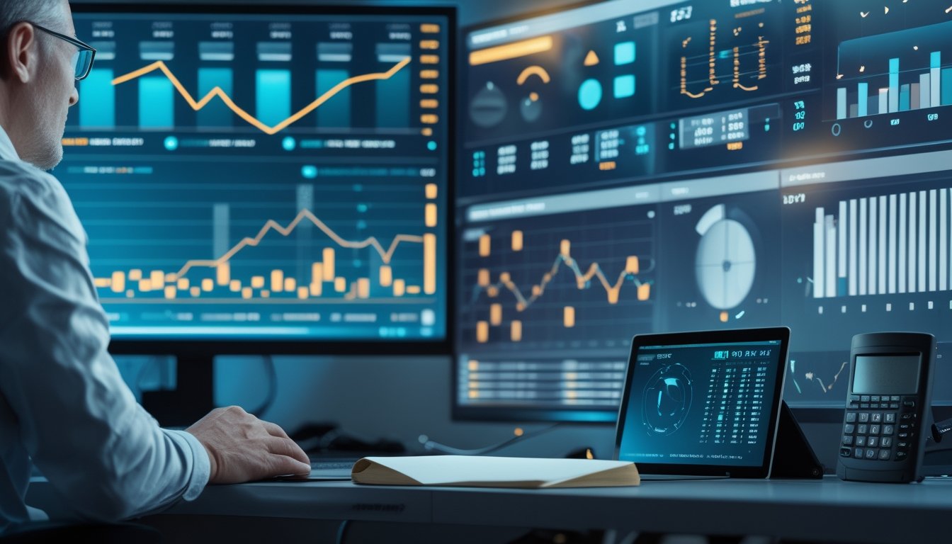 Analis mengamati visualisasi data abstrak tentang performa permainan slot di ruang kerja modern.