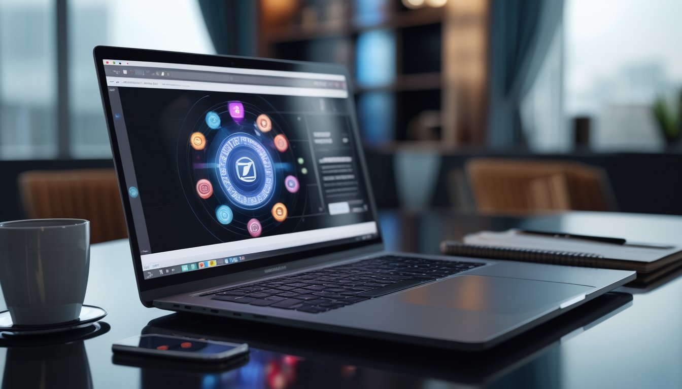 Laptop dan ponsel berada di atas meja kerja modern dengan tampilan antarmuka digital yang buram.