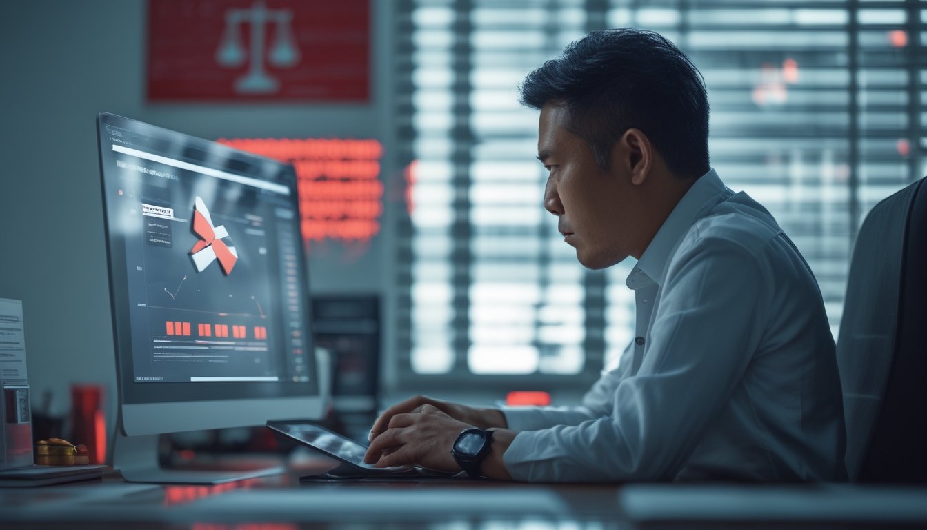 Seseorang di ruang kerja memandang perangkat digital dengan ekspresi khawatir, disertai dokumen hukum dan simbol peringatan.