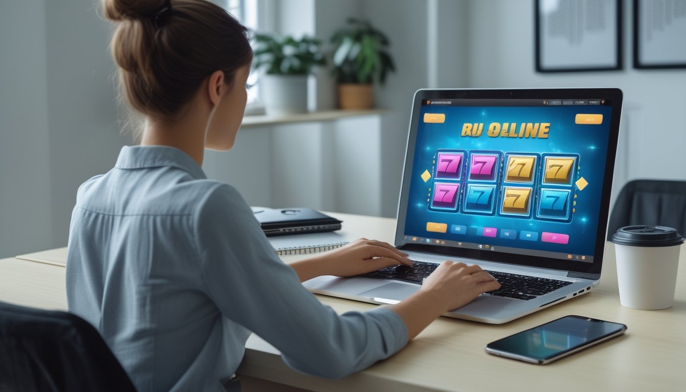 Seseorang mempelajari permainan slot online melalui laptop di meja kerja dengan catatan dan kalkulator.