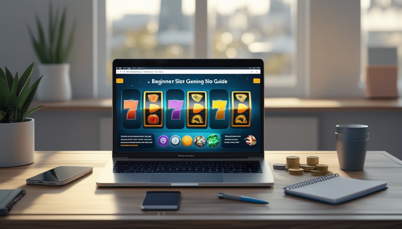 Laptop menampilkan permainan slot daring di meja kerja dengan ponsel, buku catatan kosong, pena, dan koin.