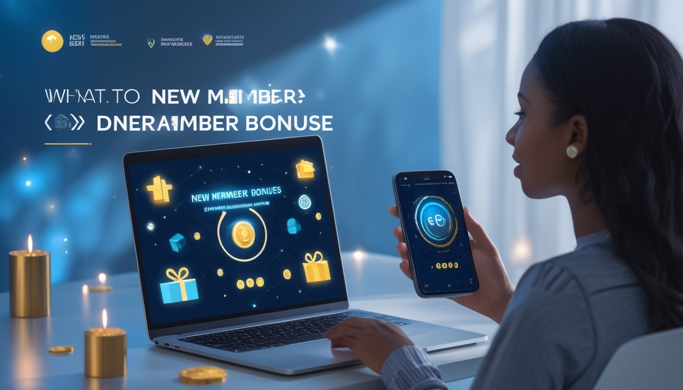 Seorang pengguna melihat tampilan hadiah digital abstrak di laptop dan ponsel pada meja kerja modern.