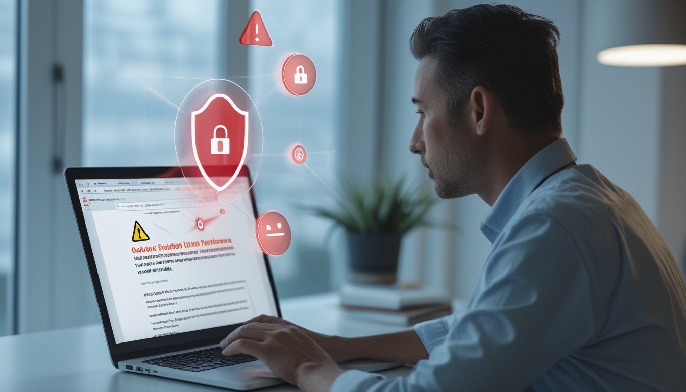Pengguna tampak khawatir saat melihat peringatan keamanan digital di laptop.