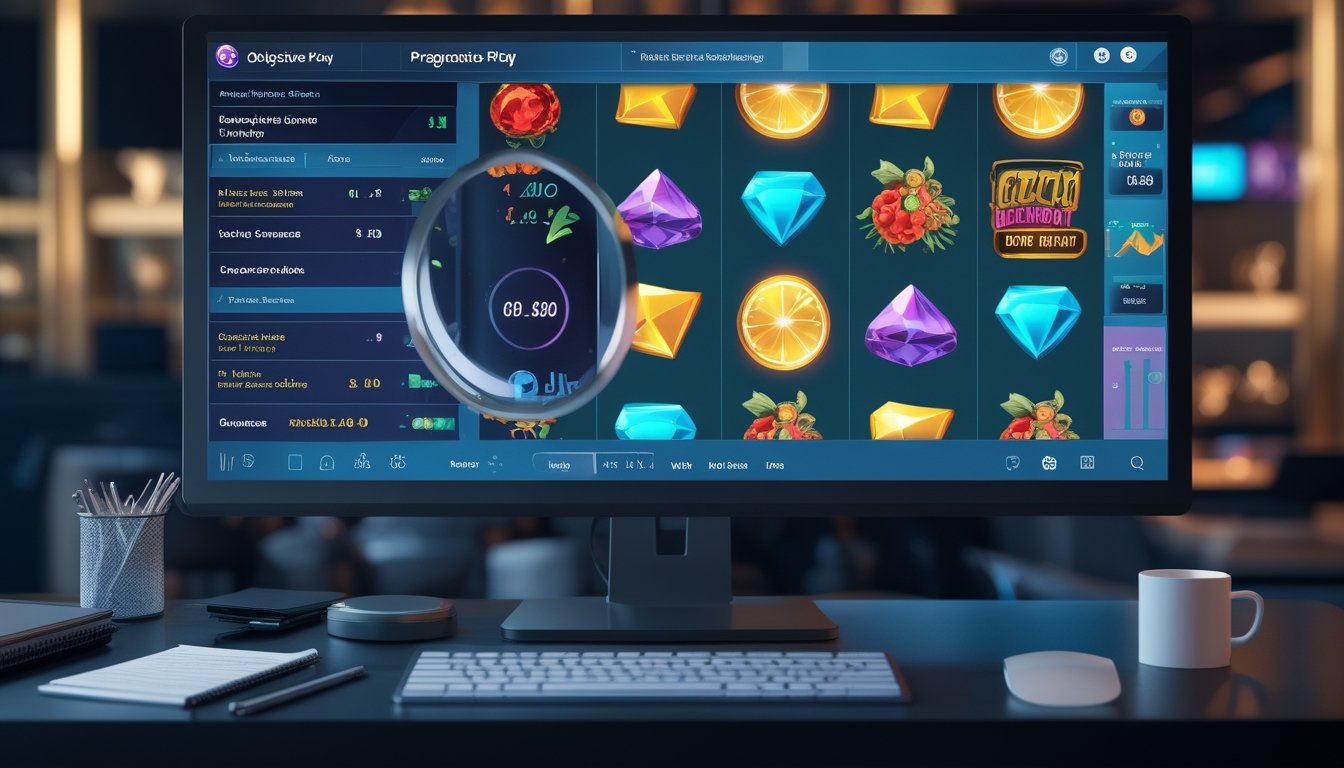 Meja kerja modern dengan monitor menampilkan permainan slot abstrak, grafik analisis, dan perlengkapan kantor.