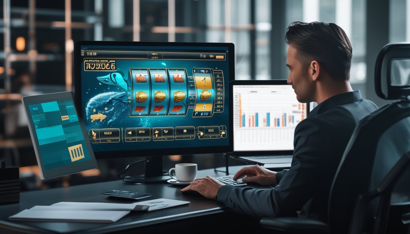 Seorang pemain dewasa menganalisis permainan slot di laptop dengan catatan dan kalkulator di meja.
