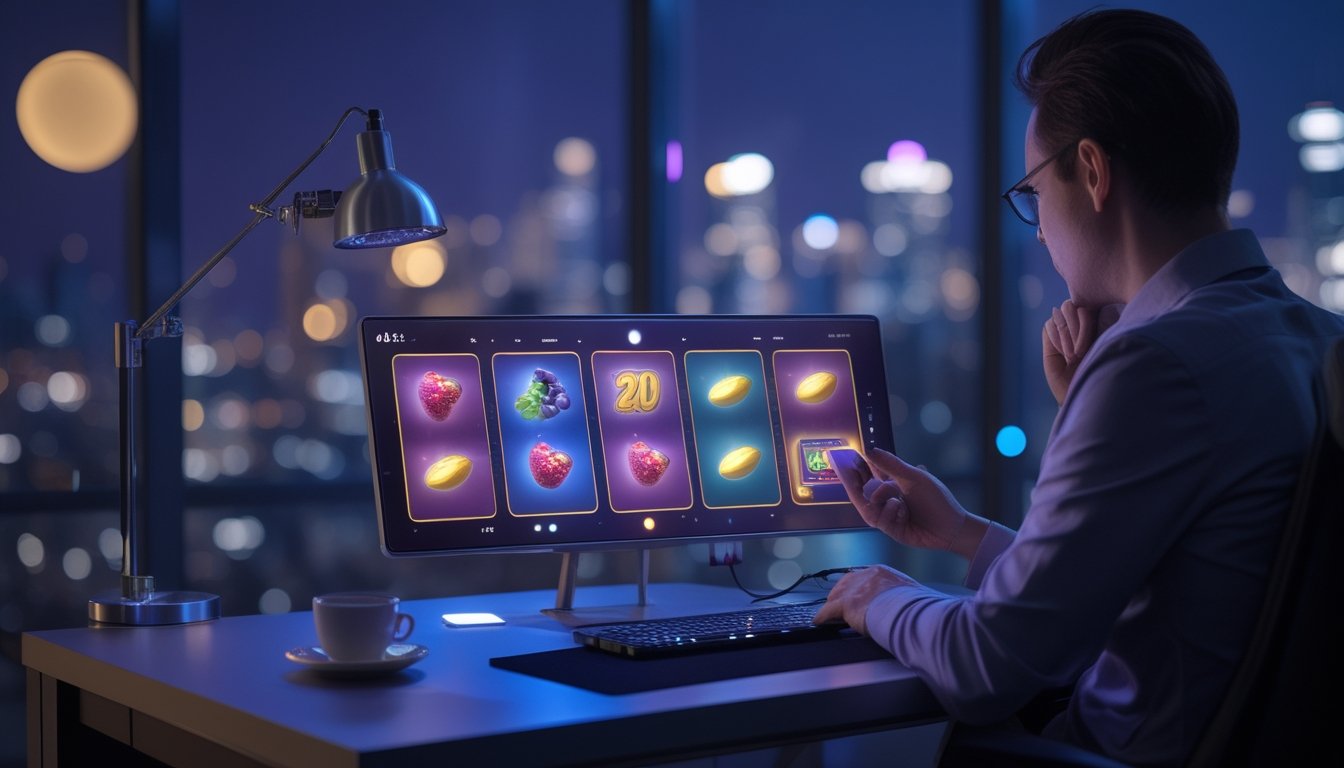 Seseorang memilih permainan slot digital di meja kerja pada malam hari.