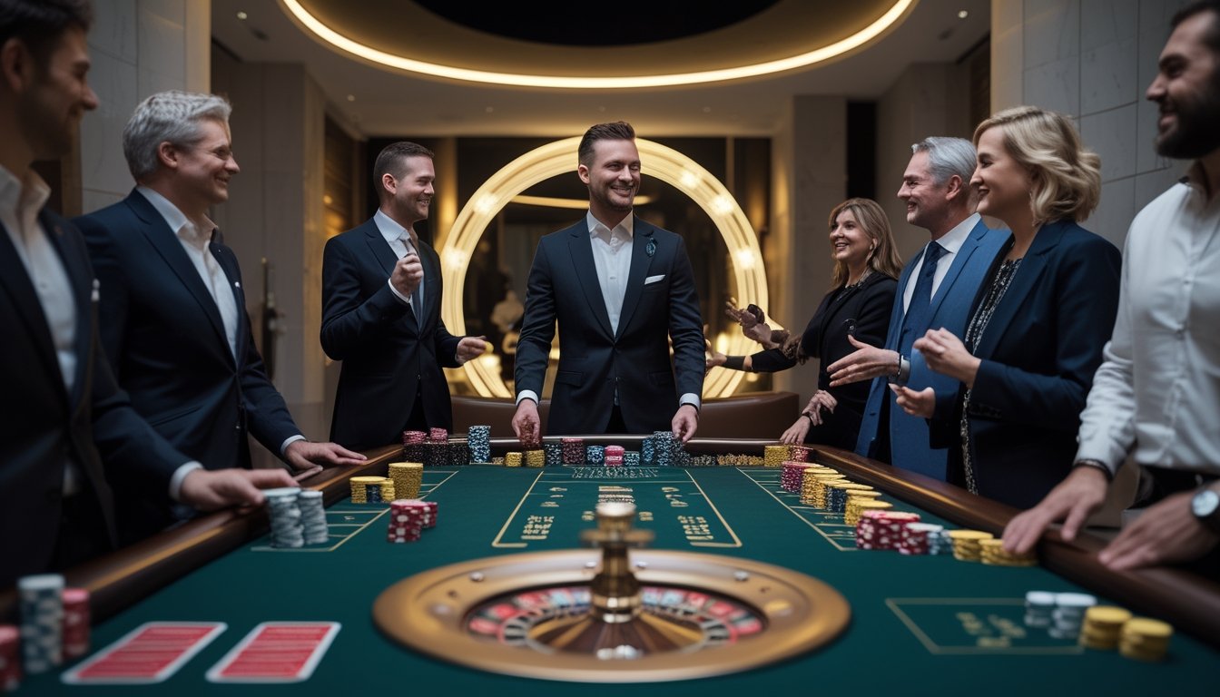 Dealer dan pemain dewasa berada di meja kasino langsung dengan kartu, chip, dan roda roulette dalam suasana mewah.