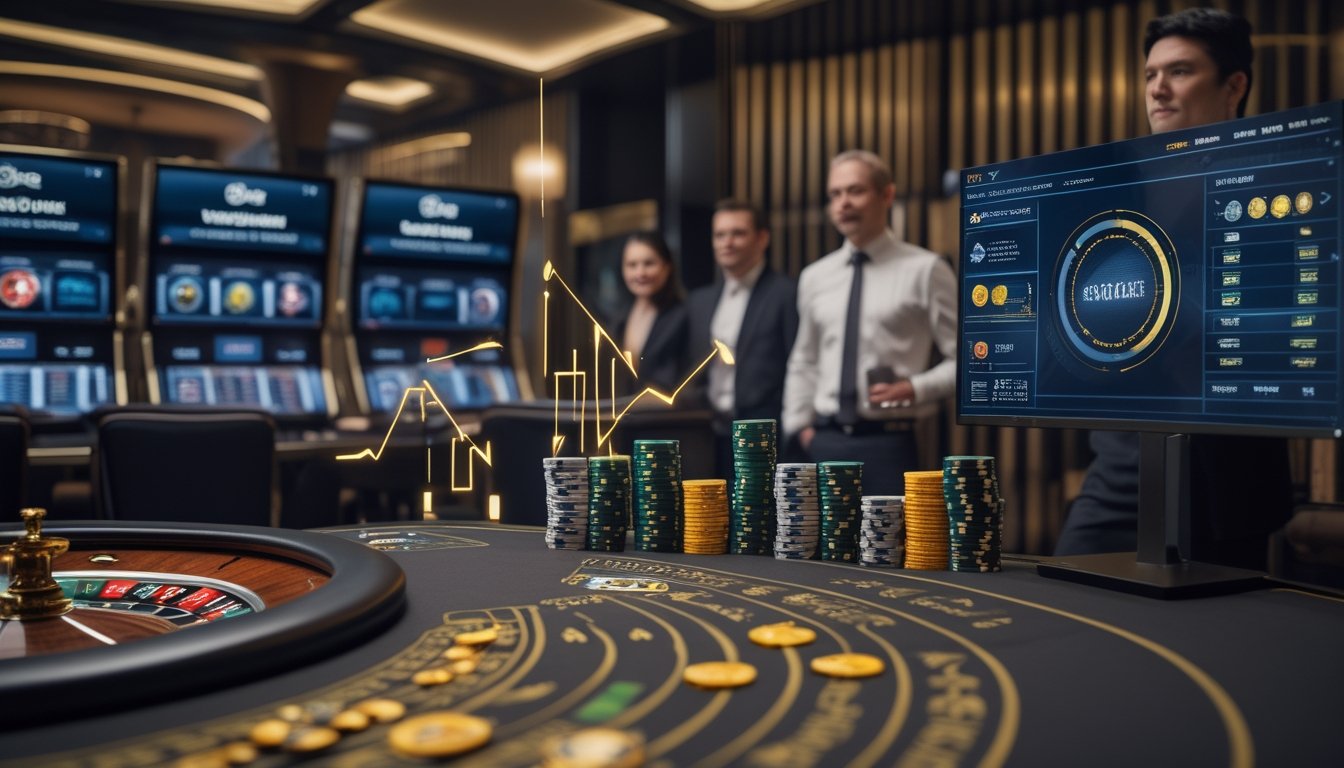 Suasana kasino modern dengan meja permainan langsung, keping taruhan, kartu, roda roulette, dan layar analitik abstrak.